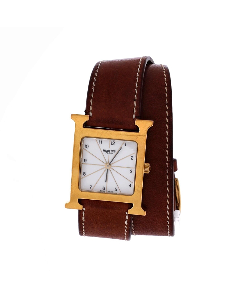 Pre-owned Pre-owned Hermes  Hermes Heure H Double Tour Quartz Watch In Plated Metal And Leather 26mm In White