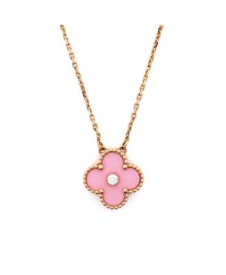  Vintage Alhambra Pendant Necklace 18K Rose Gold and Pink Sevres Porcelain with Diamond, 14.5 - 16.25"