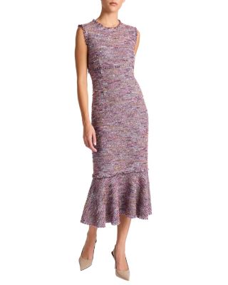 Andi Sleeveless Tweed Midi Sheath Dress with Flared Skirt Panel