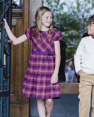 Girls' Organic Puff Sleeve Tiered Flannel Dress with Sash - Little Kid, Big Kid