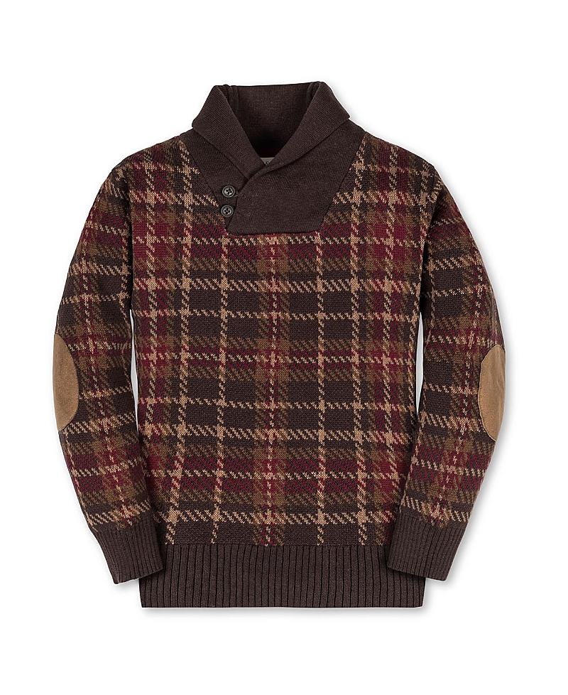 Hope & Henry Kids' Organic Long Sleeve Intarsia Shawl Collar Sweater With Elbow Patches In Brown