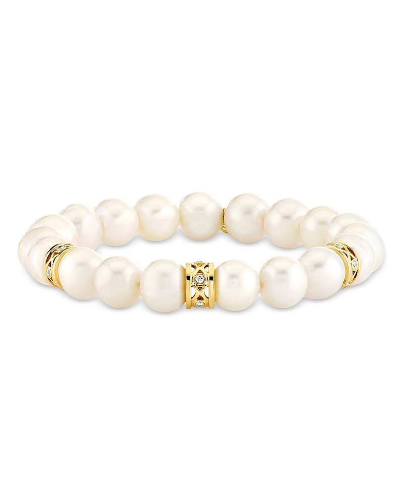 Sydney Evan 14k Yellow Gold Diamond & Freshwater Pearl Rondelle Beaded Bracelet In White