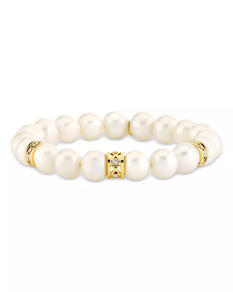 Sydney Evan 14K Yellow Gold Diamond & Freshwater Pearl Rondelle Beaded Bracelet