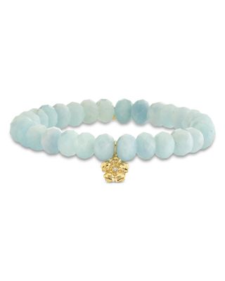 14K Yellow Gold Diamond & Aquamarine Begonia Charm Beaded Bracelet