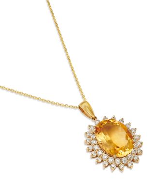 Citrine & Diamond Halo Pendant Necklace in 14k Yellow Gold, 16"