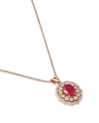 Ruby & Diamond Halo Pendant Necklace in 14K Rose Gold, 16"