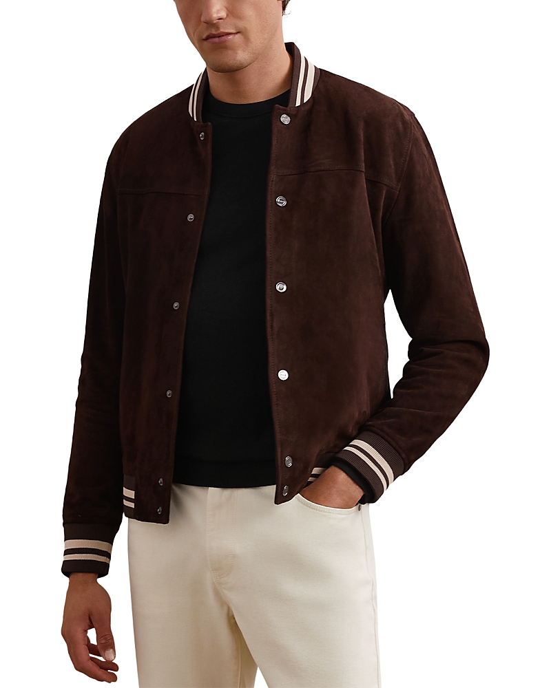 Reiss Banridge Long Sleeved Suede Stripe Bomber Jacket In Brown