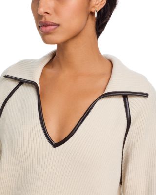 Caterina Faux Leather Trim Polo Sweater