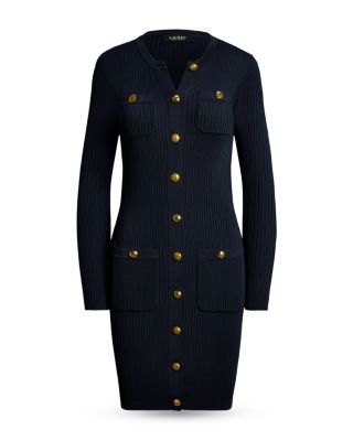 Button Trim Rib Knit Sweater Dress