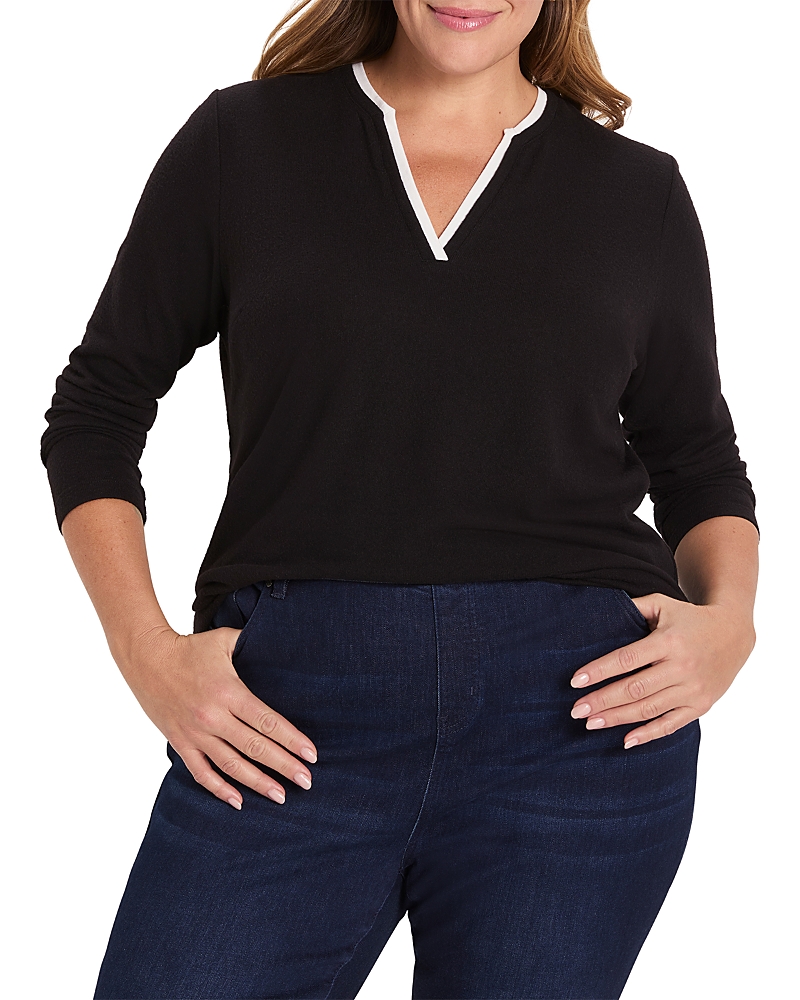 Nic+zoe Plus Double Layer Split Neck Tee In Black