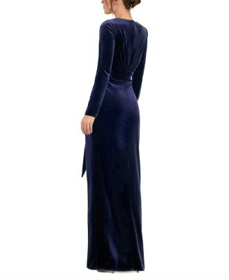 Long Sleeve Deep V Neck Draped Velvet Gown