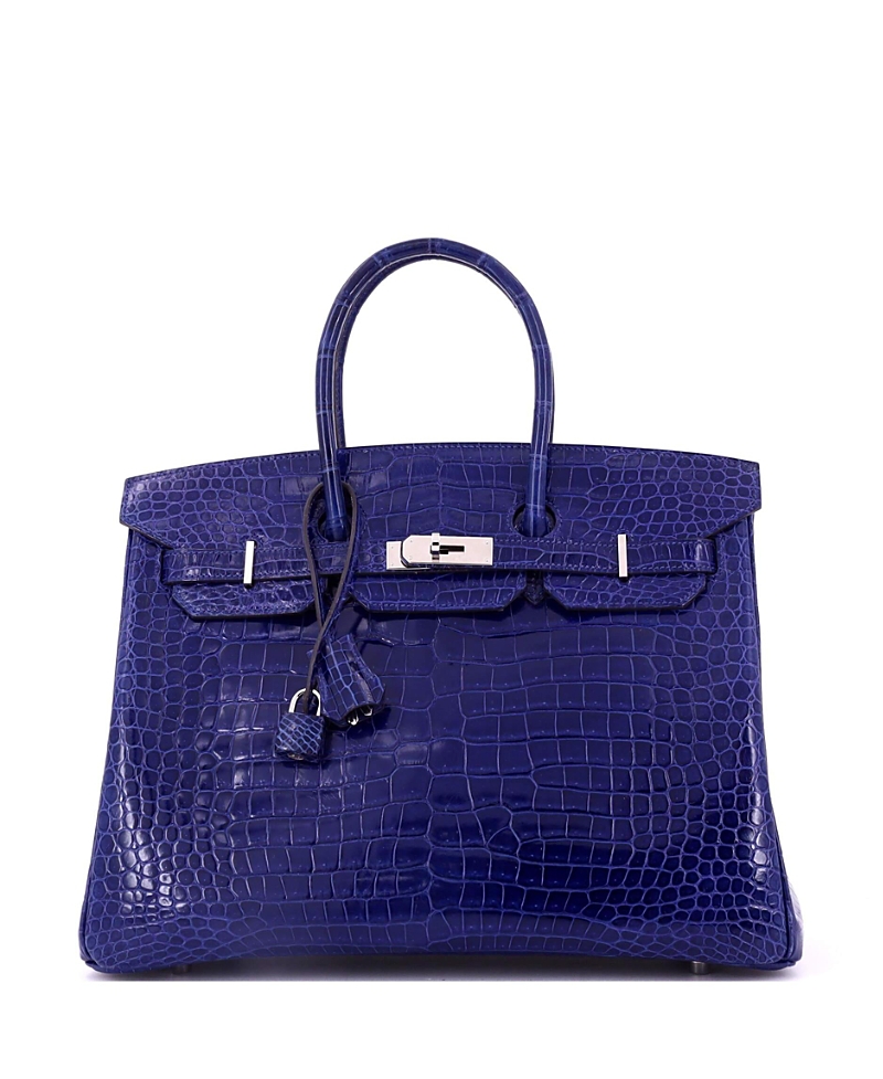 PRE-OWNED HERMES Pre-owned Hermes Birkin 35 Handbag Blue Shiny Porosus Crocodile With Palladium Hardware