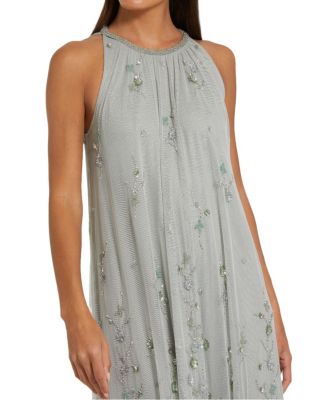 High Neck Floral Embellished Mesh Trapeze Gown