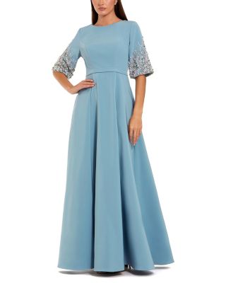  3/4 Sleeve Crepe Gown with Sleeve Embellishments