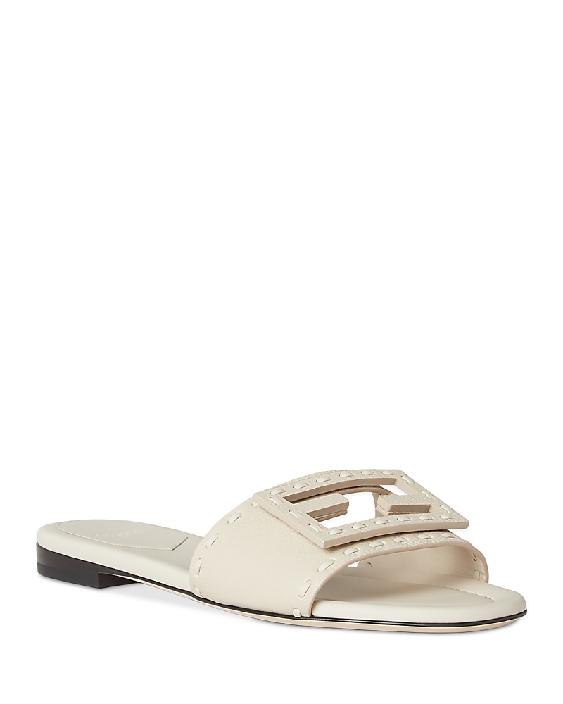 Fendi Baguette Ff Leather Buckle Flat Slide Sandals In White