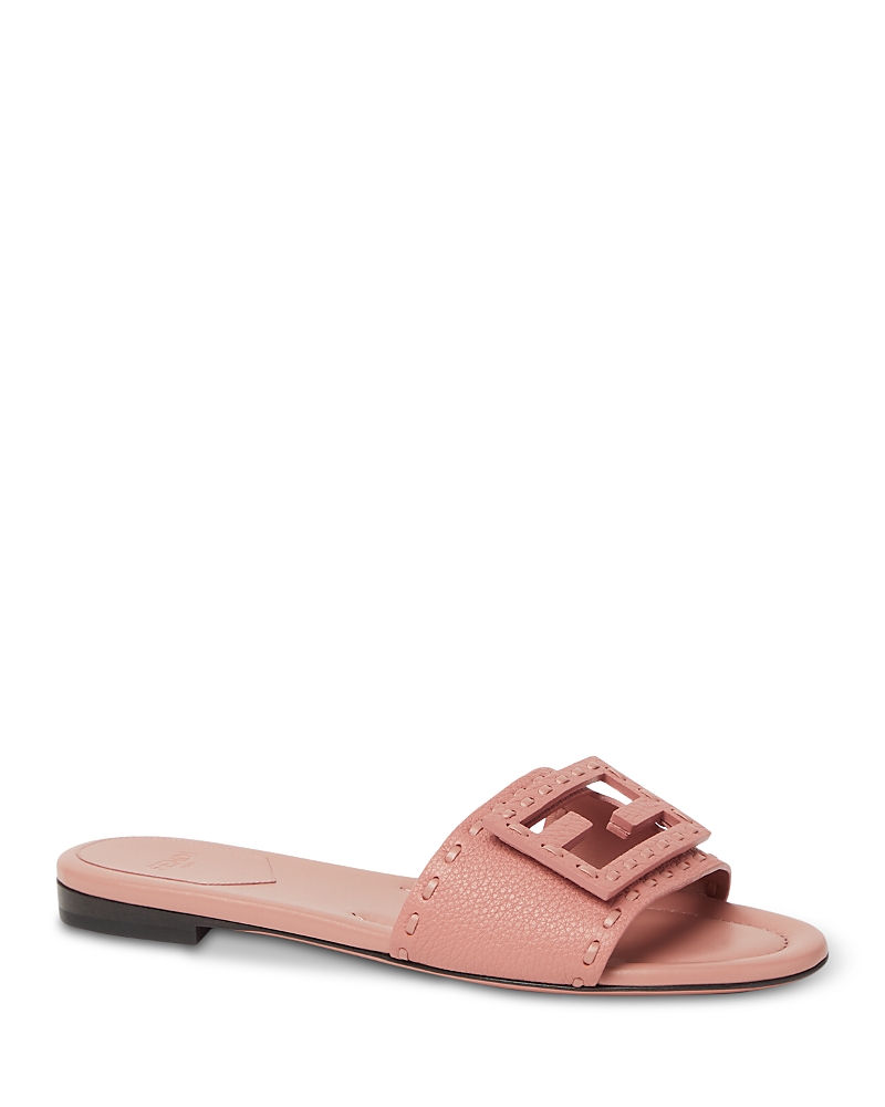 Fendi Baguette Ff Leather Buckle Flat Slide Sandals In Pink