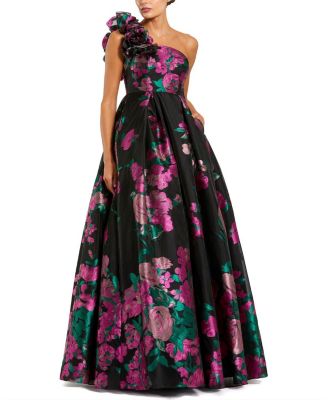 One Shoulder Floral Brocade Ballgown