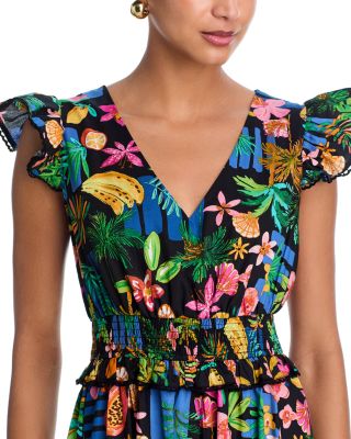 Tropical Ruffled Sleeve V Neck Midi Dress - Exclusive
