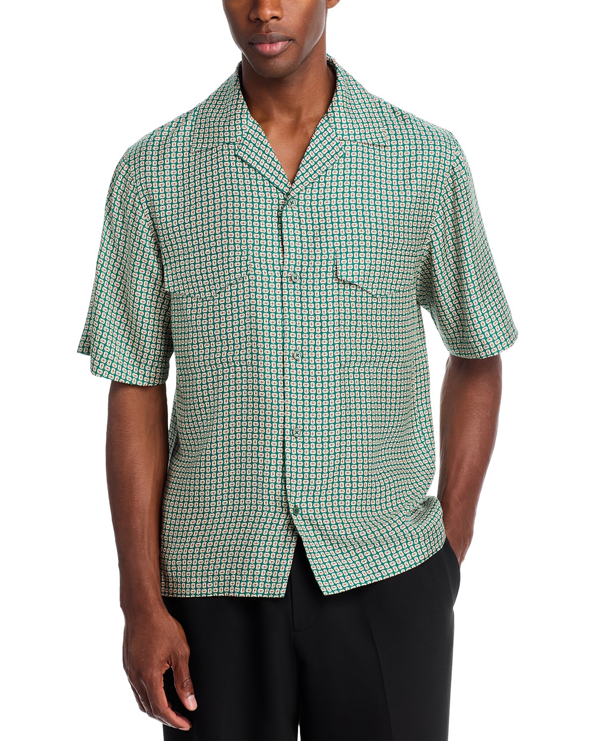 Simkhai Clarke Printed Short Sleeve Silk Camp Shirt in Kelly Green