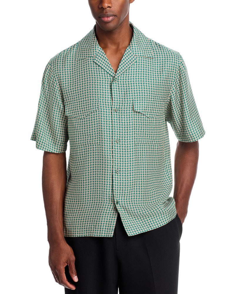 Simkhai Clarke Printed Short Sleeve Silk Camp Shirt in Kelly Green