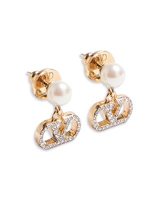 Imitation Pearl &amp; Pav&amp;eacute; VLogo Signature Drop Earrings 