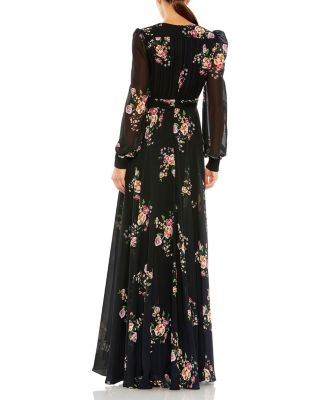  Belted Floral Print Illusion Long Sleeve Gown