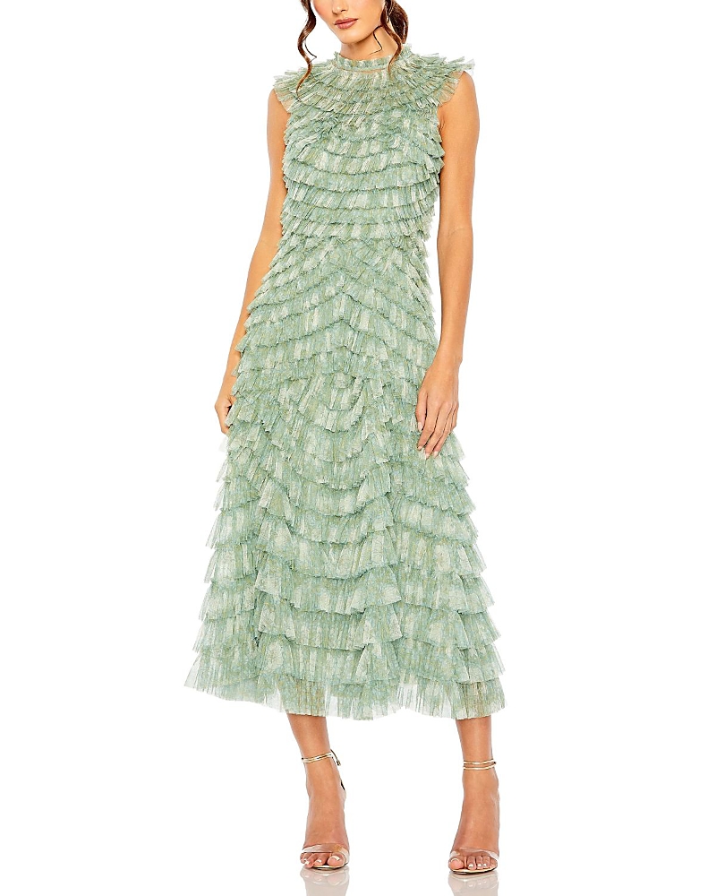 Mac Duggal Floral Ruffle Tiered Mesh Mock Neck Sleeveless Dress In Green