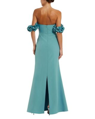  Off-the-Shoulder Crepe Gown with 3D Floral Applique