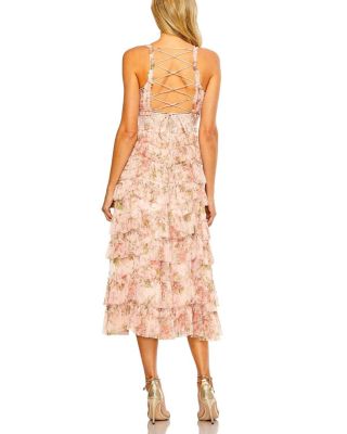 Sleeveless V Neck Floral Mesh Ruffle Midi Dress