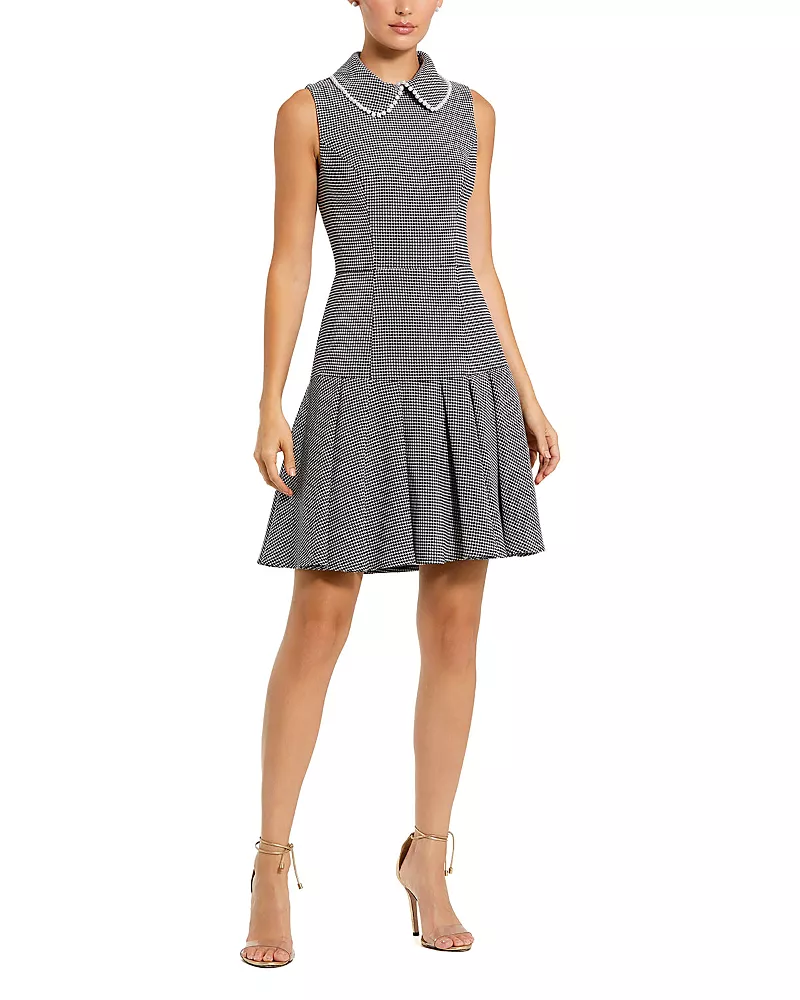 Mac Duggal Sleeveless Collared Boucle Mini Dress with Pleats