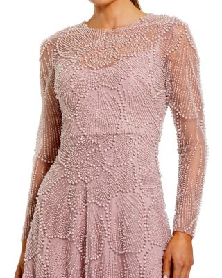 Beaded Mesh High Neck Long Sleeve A Line Gown