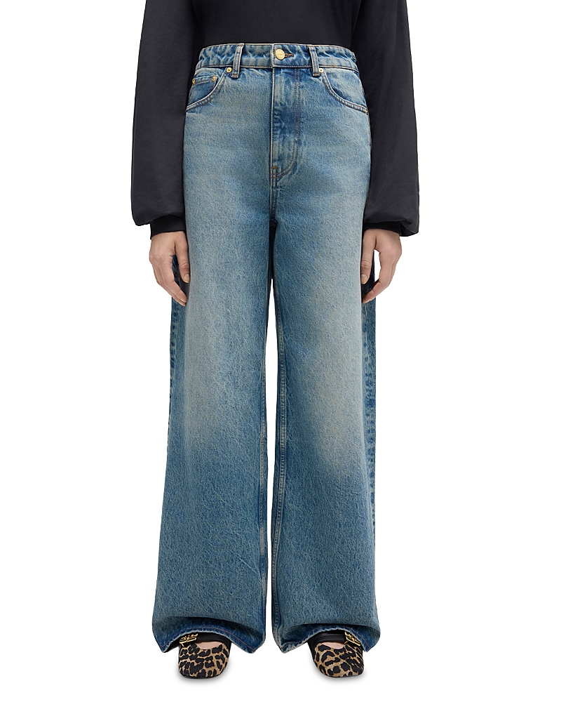 Ganni Essentials Tint Rigid High Rise Straight Wide Leg Jeans in Mid Blue Vintage
