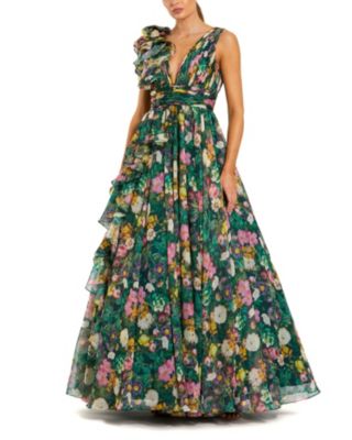 Sleeveless V-Neck Printed Chiffon Ruffle Ballgown