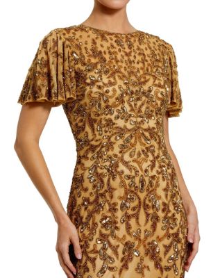 Embellished High Neck Flutter Sleeve Gown