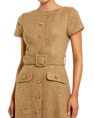 Boucle Cap Sleeve High Neck Button Up Midi Dress