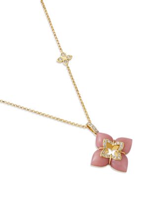 18K Yellow Gold Venetian Princess Pink Opal & Diamond Flower Pendant Necklace, 16-18"