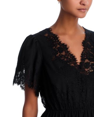 Short Sleeved Lace V Neck Midi Dress - Exclusive