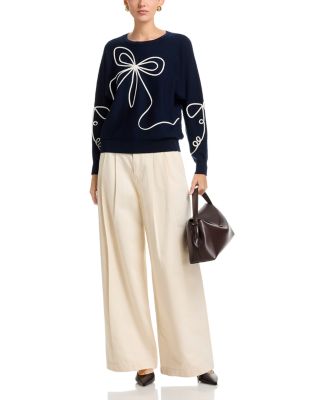 Long Sleeved Bow Embroidery Jersey Crewneck Pullover Sweater