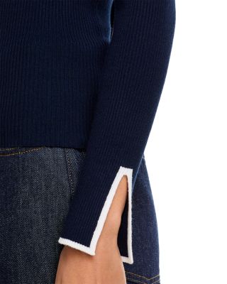 Long Bell Sleeved Rib Contrast Tipping Crewneck Pullover Sweater