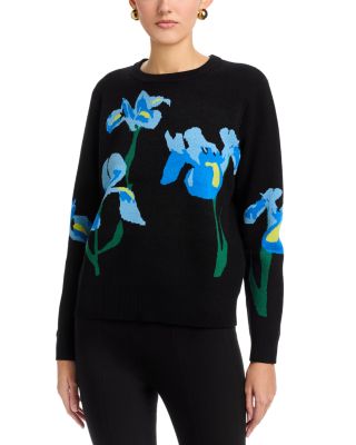 Long Sleeved Flower Jacquard Crewneck Pullover Sweater