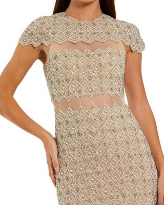 Beaded Mesh Fitted Midi Dress with Sheer Panels