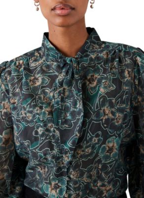 Women's Paisley Print Long Sleeve Tie Neck Blouse
