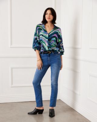 Lantern Sleeve Button-Front Top