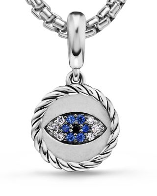 Evil Eye Amulet in Sterling Silver with Light Blue Sapphires, Black Diamonds and Diamonds, 12.6mm