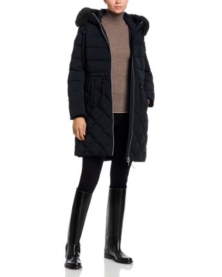 Shearling Trim Diamond Quilted Down Coat