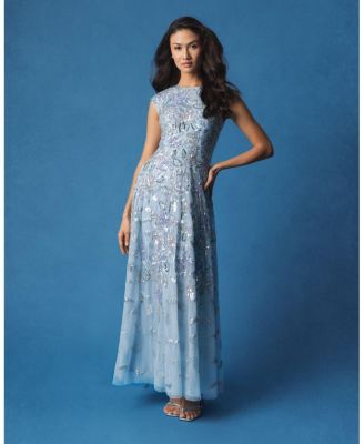 Sequined High Neck Cap Sleeve A Line Gown