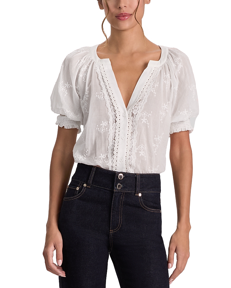Alice and Olivia Thalia Embroidered Puff Sleeve Top