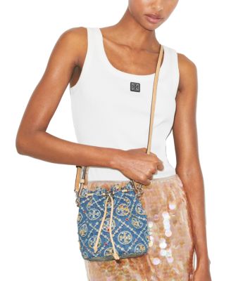 T Monogram Embellished Denim Bucket Bag