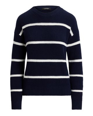 Striped Rib Knit Cotton Crewneck Sweater