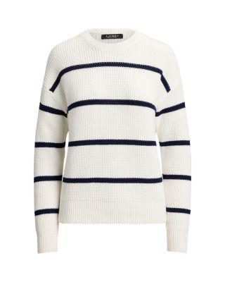 Striped Rib Knit Cotton Crewneck Sweater